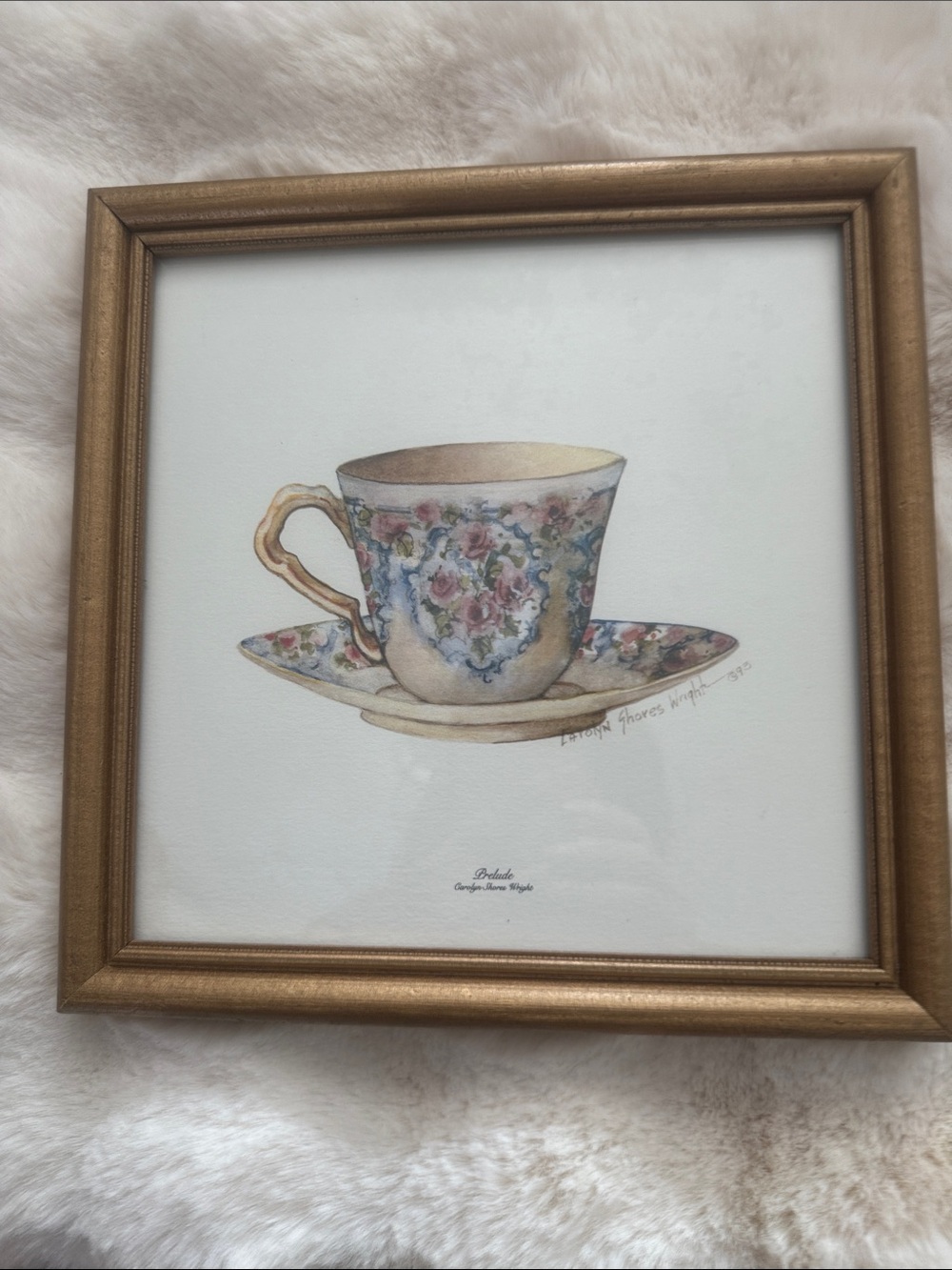 Carolyn Shore Wright “Prelude”Framed Teacup Watercolor Print in Gold Frame